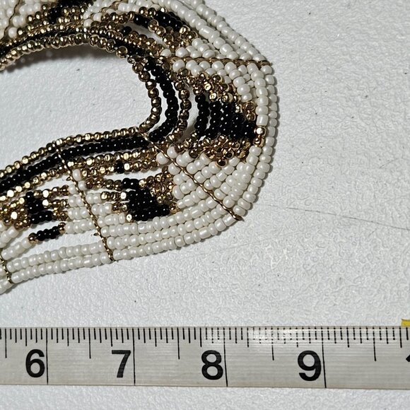 Handcrafted Seed Beaded Multi Strand Bib Necklace Gold Black White Beads Women - Picture 7 of 7